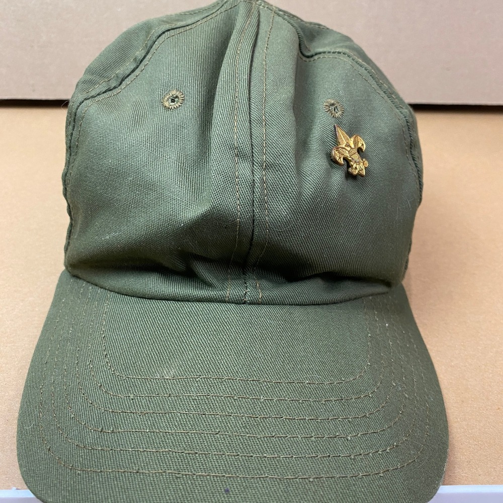 VTG Boy Scouts of America BSA Pin Hat Mens Medium Olive Green Cotton Made in USA